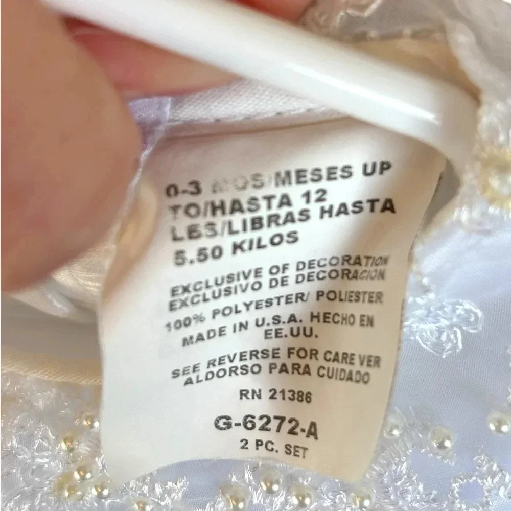 Baby 0-3 mo Alegria baptism gown w embroidered Mary. Like new cndtn.